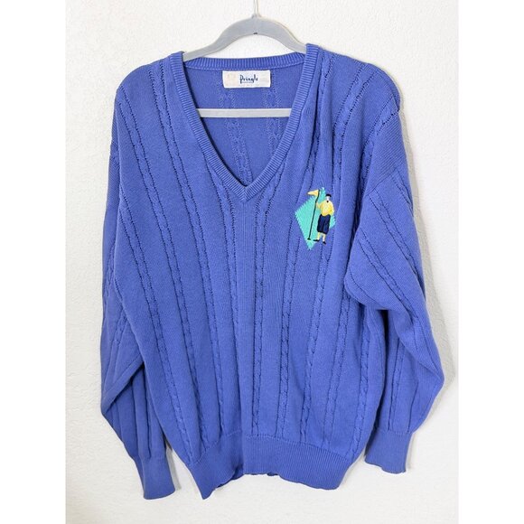Pringle Of Scotland Cable Knit Golf Sweater Mans M Cotton Blue Embroidered Logo - Picture 1 of 11
